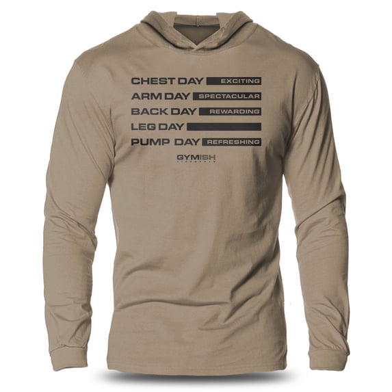 GYMISH Gym Days Lightweight Long Sleeve Hooded T-Shirt for Men – Funny Workout Hoodie, Khaki, Large