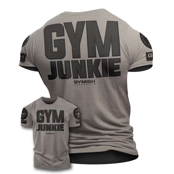 GYMISH Gym Junkie Workout T-Shirt for Men – Back Design Gym Shirt, Funny Workout Tee, Warm Grey with Sleeve Logo, X-Large
