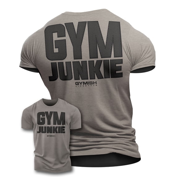 GYMISH Gym Junkie Workout T-Shirt for Men – Back Design Gym Shirt, Funny Workout Tee, Warm Grey, Small