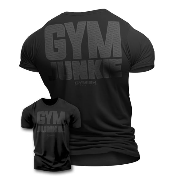 GYMISH Gym Junkie Workout T-Shirt for Men – Back Design Gym Shirt, Funny Workout Tee, Black on Black, Large