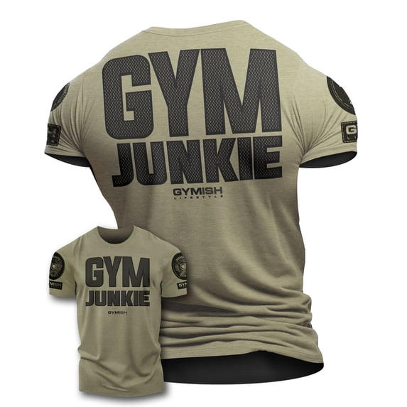 GYMISH Gym Junkie Workout T-Shirt for Men – Back Design Gym Shirt, Funny Workout Tee, Military Green with Sleeve Logo, Medium