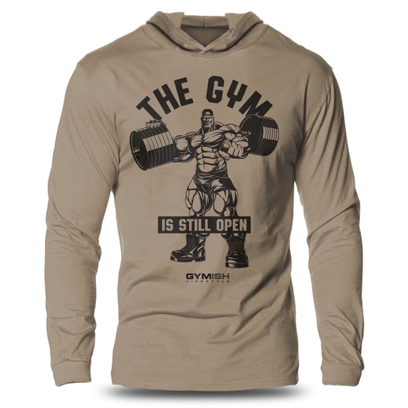 GYMISH "Gym is Still Open" Lightweight Long Sleeve Hooded T-Shirt for Men – Funny Workout Hoodie, Athletic Gym Shirt for Fitness Enthusiasts
