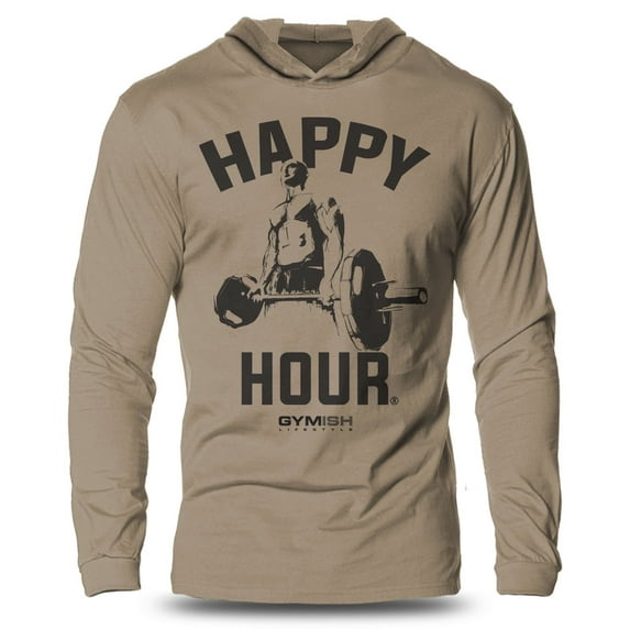 GYMISH Happy Hour Lightweight Long Sleeve Hooded T-Shirt for Men – Funny Workout Hoodie, Gym Apparel for Lifters