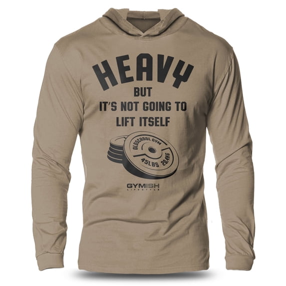 GYMISH Heavy Lift Lightweight Long Sleeve Hooded T-Shirt for Men – Funny Gym Hoodie, Powerlifting & Workout Apparel, Khaki, Medium