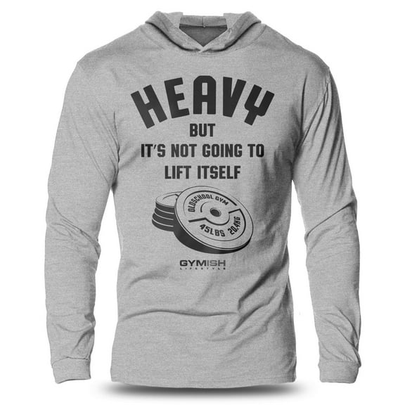 GYMISH “Heavy Lift” Lightweight Long Sleeve Hooded T-Shirt for Men – Funny Gym Hoodie, Powerlifting & Workout Apparel