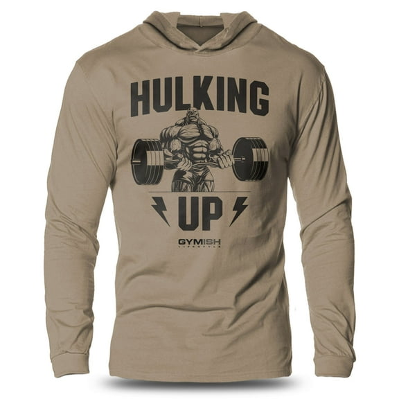 GYMISH "Hulking Up" Lightweight Long Sleeve Hooded T-Shirt for Men – Funny Gym Hoodie, Workout Shirt for Bodybuilders & Fitness Fans