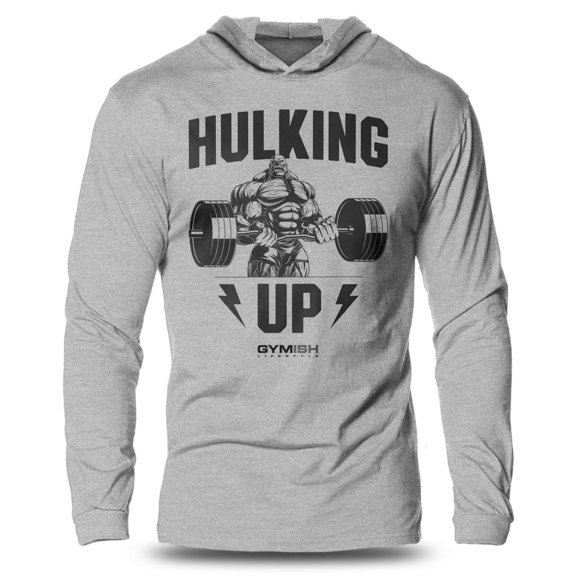GYMISH "Hulking Up" Lightweight Long Sleeve Hooded T-Shirt for Men – Funny Gym Hoodie, Workout Shirt for Bodybuilders & Fitness Fans