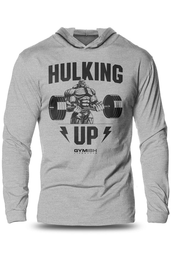 "Hulking Up" Lightweight Long Sleeve Hooded T-Shirt for Men – Funny Gym Hoodie, Workout Shirt for Bodybuilders & Fitness Fans