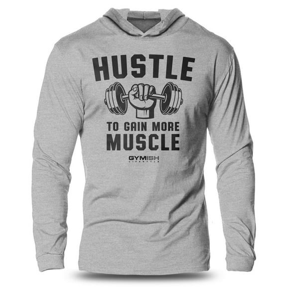 GYMISH Hustle For Muscle Lightweight Long Sleeve Hooded T-Shirt for Men – Funny Gym Hoodie, Workout Shirt, Athletic Fitness Apparel
