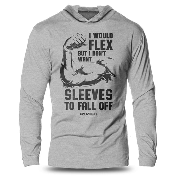 GYMISH I Would FLEX Lightweight Long Sleeve Hooded T-Shirt for Men – Funny Workout Hoodie, Gym Apparel, Sport Grey, Small