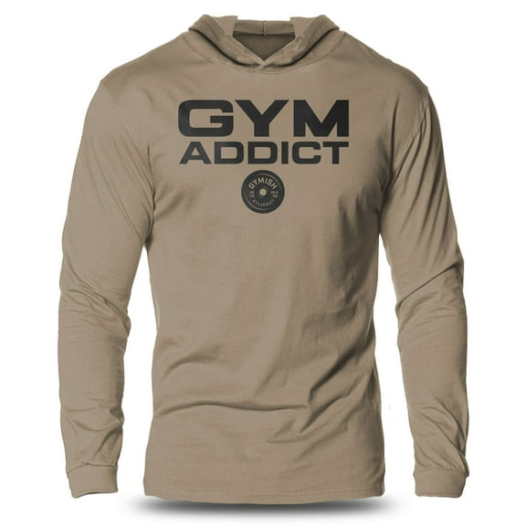GYMISH "IRON ADDICT" Lightweight Long Sleeve Hooded T-Shirt for Men – Funny Gym Hoodie, Bodybuilding & Fitness Training Shirt
