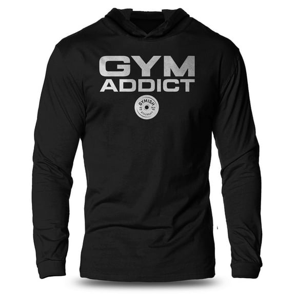 GYMISH "IRON ADDICT" Lightweight Long Sleeve Hooded T-Shirt for Men – Funny Gym Hoodie, Bodybuilding & Fitness Training Shirt