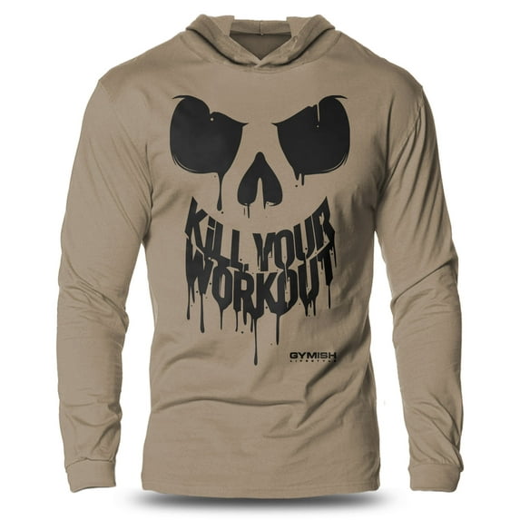 GYMISH Kill Your Workout Lightweight Long Sleeve Hooded T-Shirt for Men – Intense Gym Hoodie, Motivational Fitness Shirt for Lifters