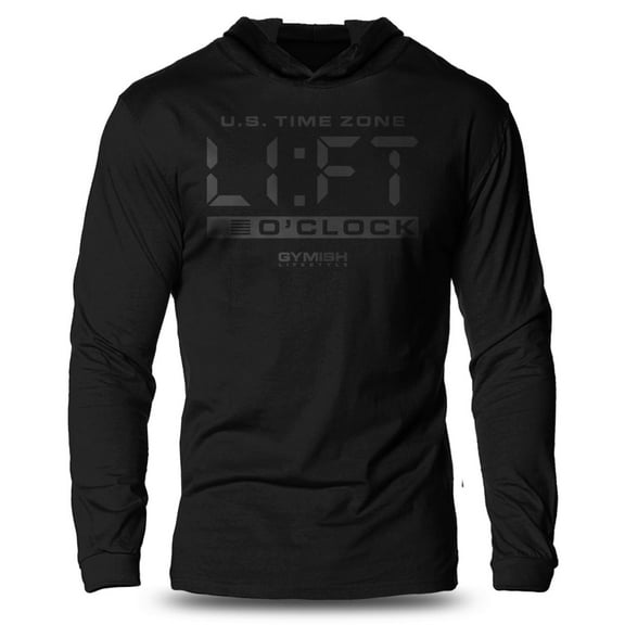 GYMISH LIFT O'Clock Lightweight Long Sleeve Hooded T-Shirt for Men – Funny Gym Hoodie, Workout Shirt for Lifters & Fitness Enthusiasts