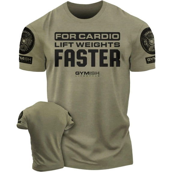 GYMISH Lift Weights, Faster Cardio Workout T-Shirt for Men – Funny Gym Shirt, Motivational Fitness Tee, Military Green with Sleeve Logo, Large