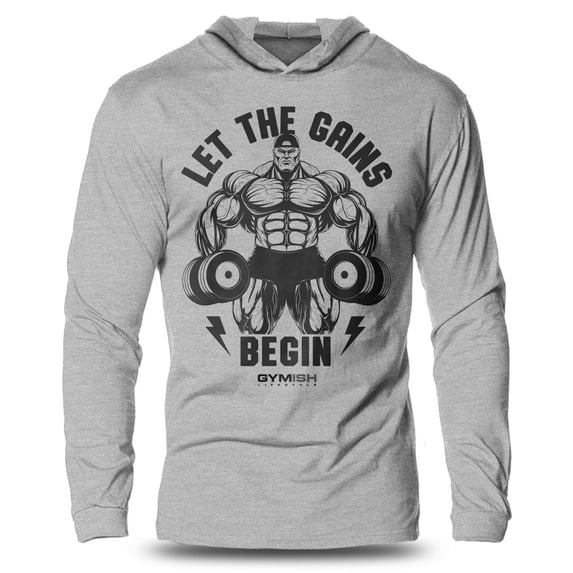 GYMISH Let The Gains Begin Lightweight Long Sleeve Hooded T-Shirt for Men – Funny Workout Hoodie, Sport Grey, Small