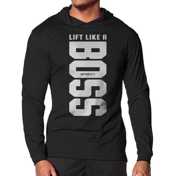 GYMISH Lift Like A BOSS Lightweight Long Sleeve Hooded T-Shirt for Men – Funny Gym Hoodie, Workout Shirt, Fitness Apparel