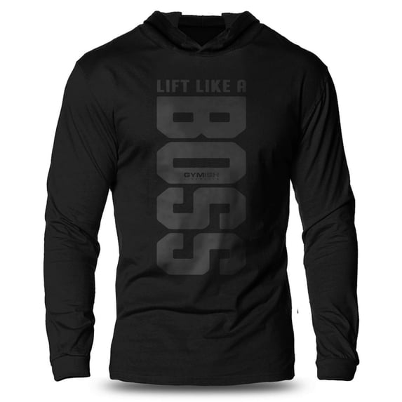 GYMISH Lift Like A BOSS Lightweight Long Sleeve Hooded T-Shirt for Men – Funny Workout Gym Apparel, Black on Black, Small