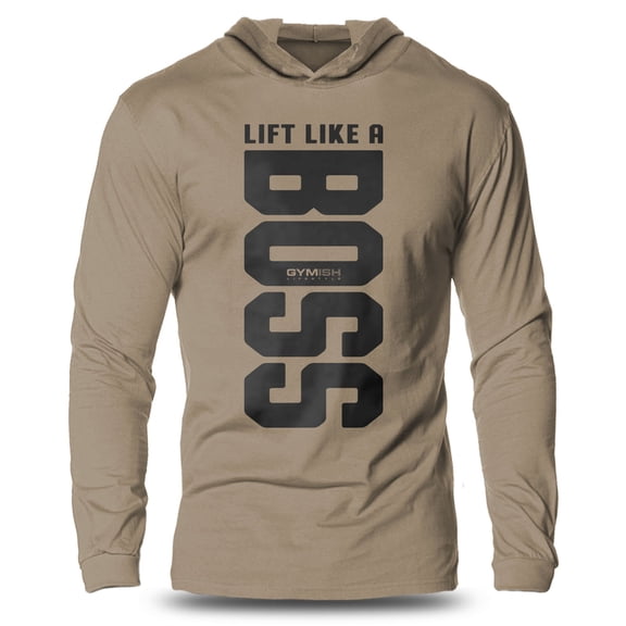 GYMISH Lift Like A BOSS Lightweight Long Sleeve Hooded T-Shirt for Men – Funny Gym Hoodie, Workout Shirt, Fitness Apparel