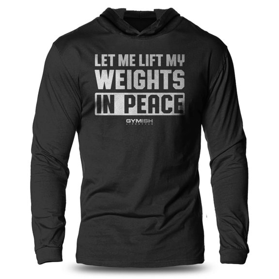 GYMISH Lift in Peace Lightweight Long Sleeve Hooded T-Shirt for Men – Funny Gym Hoodie, Silver on Black, XL