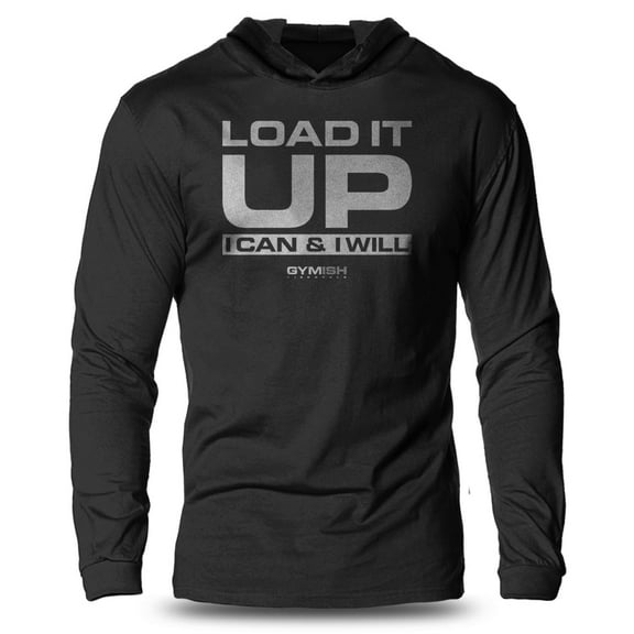 GYMISH Load It Up Lightweight Long Sleeve Hooded T-Shirt for Men – Motivational Gym Hoodie, Workout Shirt for Lifters & Athletesd It Up Lightweight Long Sleeve Hooded T-shirt for Men