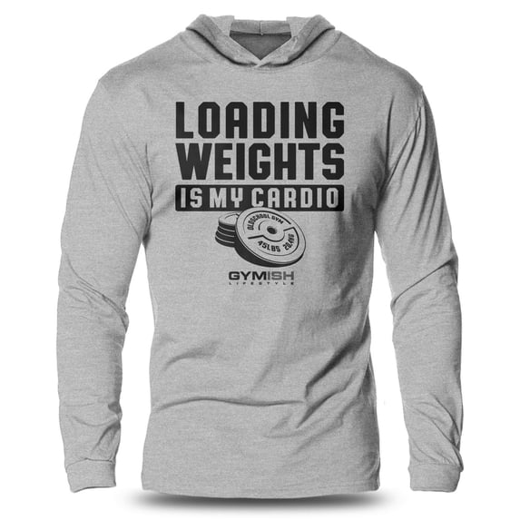 GYMISH Loading Weights Cardio Lightweight Long Sleeve Hooded T-Shirt for Men – Funny Gym Hoodie, Workout Shirt for Lifters & Strength Training