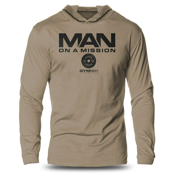 GYMISH Man On A Mission Lightweight Long Sleeve Hooded T-Shirt for Men – Motivational Gym Hoodie, Workout Shirt for Athletes & Lifters