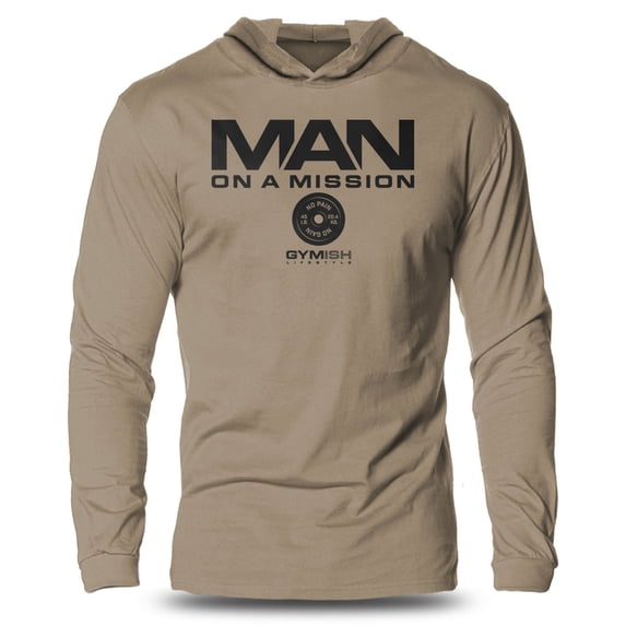 GYMISH Man On A Mission Lightweight Long Sleeve Hooded T-Shirt for Men – Motivational Gym Hoodie, Workout Shirt for Athletes & Lifters