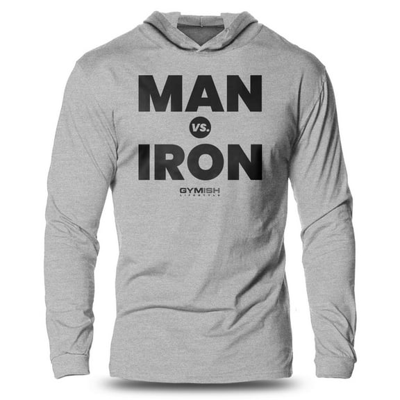 GYMISH Man Vs. Iron Lightweight Long Sleeve Hooded T-Shirt for Men – Funny Gym Hoodie, Bodybuilding & Workout Apparel