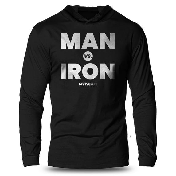 GYMISH Man Vs. Iron Lightweight Long Sleeve Hooded T-Shirt for Men – Funny Gym Hoodie, Bodybuilding & Workout Apparel