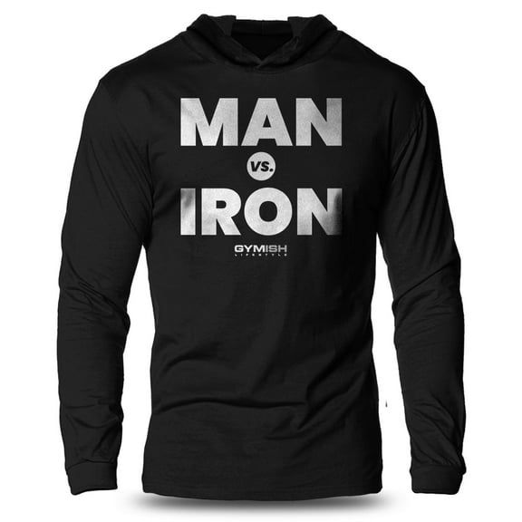 GYMISH Man Vs. Iron Lightweight Long Sleeve Hooded T-Shirt for Men – Funny Gym Hoodie, Bodybuilding & Workout Apparel