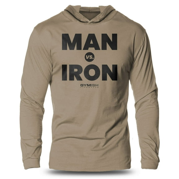 GYMISH Man Vs. Iron Lightweight Long Sleeve Hooded T-Shirt for Men – Funny Gym Hoodie, Bodybuilding & Workout Apparel