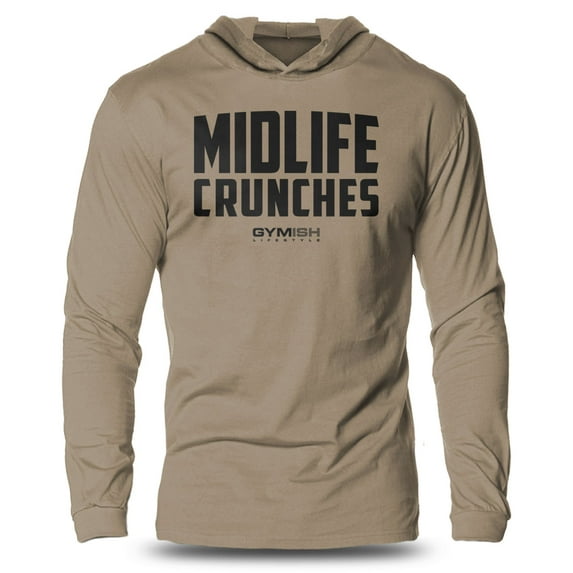 GYMISH Midlife Crunches Lightweight Long Sleeve Hooded T-Shirt for Men – Funny Gym Hoodie, Athletic Workout Shirt for Fitness & Training