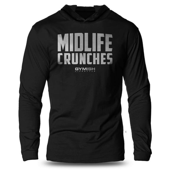GYMISH Midlife Crunches Lightweight Long Sleeve Hooded T-Shirt for Men – Funny Gym Hoodie, Athletic Workout Shirt for Fitness & Training