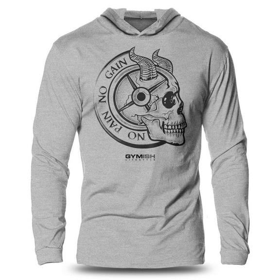 GYMISH No Pain No Gain Lightweight Long Sleeve Hooded T-Shirt for Men – Funny Workout Hoodie, Athletic Gym Shirt for Weightlifters & Bodybuilders