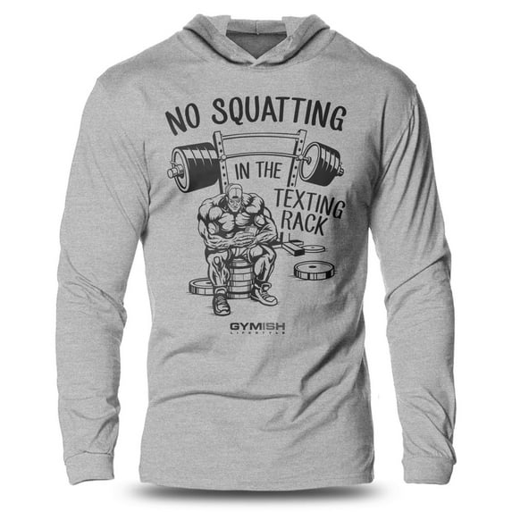GYMISH No Squatting Lightweight Long Sleeve Hooded T-Shirt for Men – Funny Gym Hoodie, Workout Shirt for Fitness & Leg Day Enthusiasts