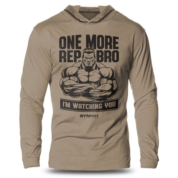 GYMISH One More Rep, Bro! Lightweight Long Sleeve Hooded T-Shirt for Men – Funny Gym Hoodie, Khaki, Small