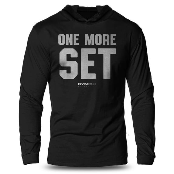 GYMISH One More Set Lightweight Long Sleeve Hooded T-Shirt for Men – Athletic Workout Apparel, Silver on Black, Large