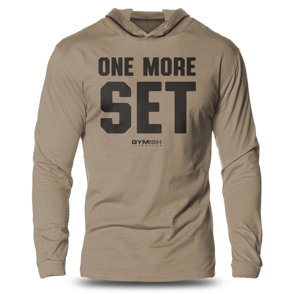 GYMISH One More Set Lightweight Long Sleeve Hooded T-Shirt for Men – Athletic Workout Apparel, Khaki, Small