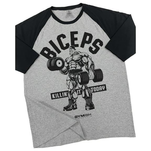 GYMISH RAGLAN BICEPS Killin' Workout Gym T-Shirt – Funny Gym Shirt for Men, Men's Fitness Tee, Bodybuilding & Weightlifting Apparel