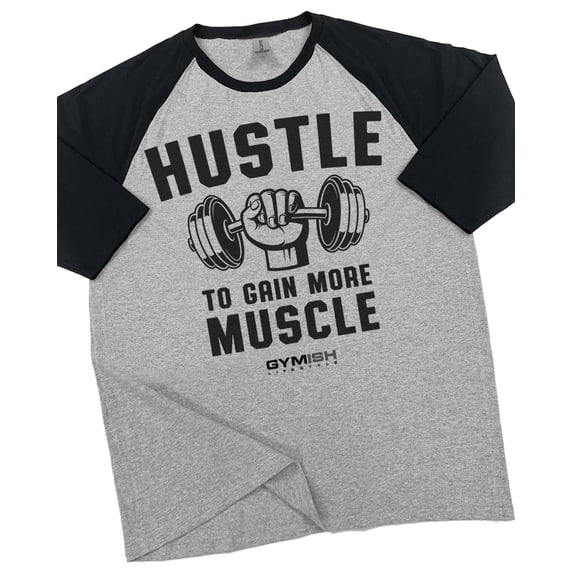 GYMISH RAGLAN Hustle Workout Gym T-Shirt – Funny Gym Shirt for Men, Men's Workout Tee, Athletic Fitness & Bodybuilding Apparel