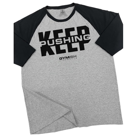 GYMISH RAGLAN Keep Pushing Workout Gym T-Shirt for Men – Funny Gym Shirt, Motivational Fitness Tee, Heather Grey, Small