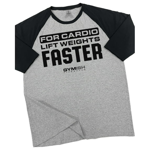 GYMISH RAGLAN Lift Weights, Faster Cardio Workout Gym T-Shirt – Funny Gym Shirt for Men, Fitness & Bodybuilding Tee