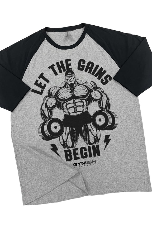 RAGLAN Let The Gains Begin Workout Gym T-Shirt – Funny Gym Shirt for Men, Men's Fitness Tee, Bodybuilding & Weightlifting Apparel