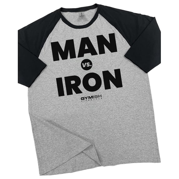 GYMISH RAGLAN Man Vs. Iron Workout Gym T-Shirt – Funny Gym Shirt for Men, Men's Fitness Tee, Weightlifting & Bodybuilding Apparel