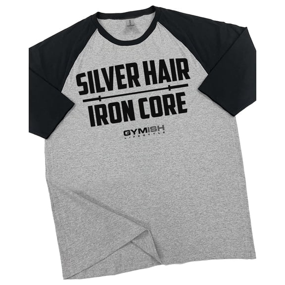 GYMISH RAGLAN SILVER HAIR, IRON CORE Workout Gym T-Shirt – Funny Gym Shirt for Men, Motivational Fitness Tee for Weightlifting, Powerlifting & Bodybuilding