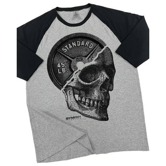 GYMISH RAGLAN Skull Plate Workout Gym T-Shirt – Funny Gym Shirt for Men, Men's Fitness Tee, Weightlifting & Bodybuilding Apparel