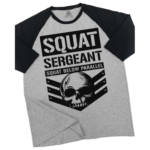 GYMISH RAGLAN Squat Sergeant Workout Gym T-Shirt for Men – Funny Weightlifting & Bodybuilding Fitness Tee, Heather Grey, Small