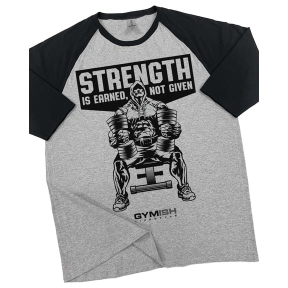 GYMISH RAGLAN Strength Earned Workout Gym T-Shirt – Funny Gym Shirt for Men, Fitness & Bodybuilding Tee
