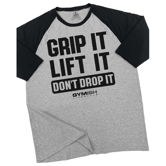 GYMISH Raglan Grip It Workout T-Shirt for Men – Funny Gym Shirt, Men’s Athletic Raglan Tee, Heather Grey, Small